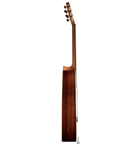 The side of a 2023 Edmund Blöchinger "Llobet" classical guitar made with spruce top and CSA rosewood back and sides.