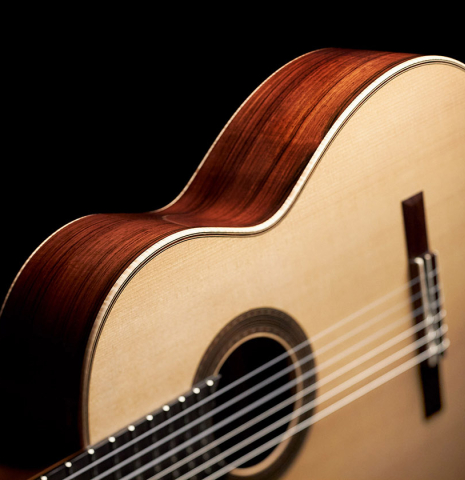 The soundboard of a 2023 Edmund Blöchinger "Llobet" classical guitar made with spruce top and CSA rosewood back and sides.