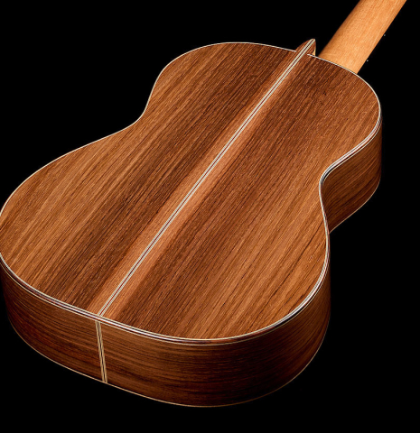 The back and sides of a 2025 Edmund Blöchinger "Llobet" classical guitar made of spruce and CSA rosewood