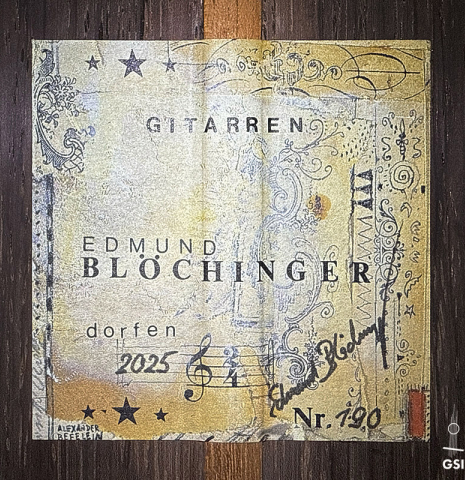 The label of a 2025 Edmund Blöchinger "Llobet" classical guitar made of spruce and CSA rosewood