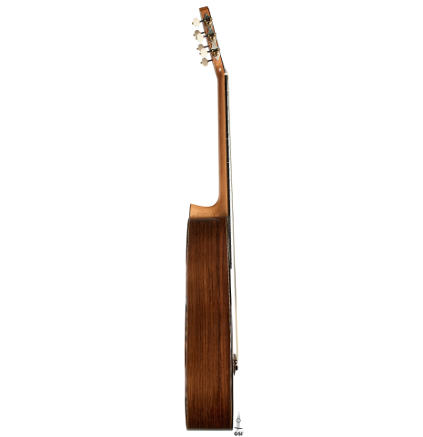 The side of a 2025 Edmund Blöchinger "Llobet" classical guitar made of spruce and CSA rosewood