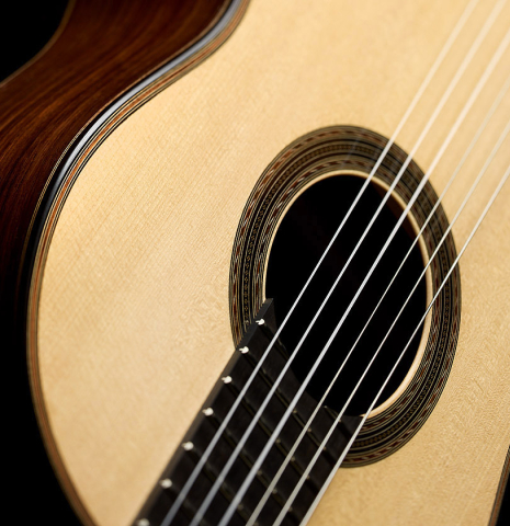 The top and rosette of a 2025 Edmund Blöchinger "Llobet" classical guitar made of spruce and CSA rosewood