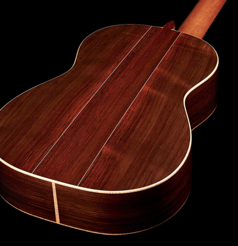 The back of a 2023 Edmund Blöchinger "Llobet" classical guitar made with cedar top and CSA rosewood back and sides.