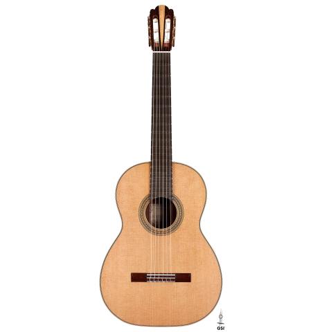 The front of a 2023 Edmund Blöchinger "Llobet" classical guitar made with cedar top and CSA rosewood back and sides.