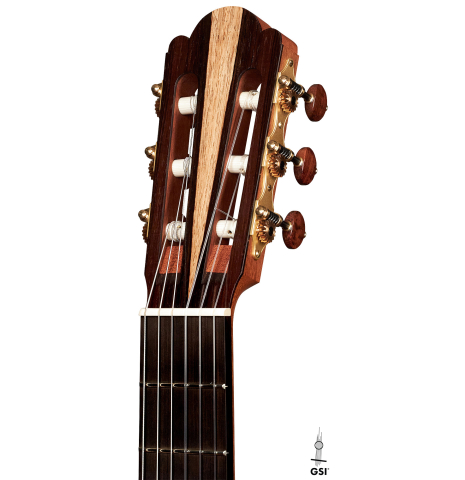 The headstock of a 2023 Edmund Blöchinger "Llobet" classical guitar made with cedar top and CSA rosewood back and sides.