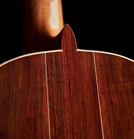 The back and heel of a 2023 Edmund Blöchinger "Llobet" classical guitar made with cedar top and CSA rosewood back and sides.