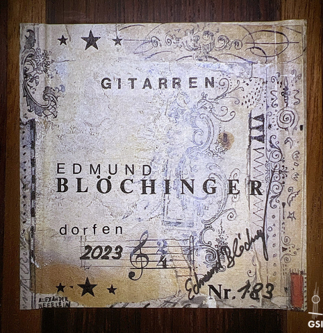 The label of a 2023 Edmund Blöchinger "Llobet" classical guitar made with cedar top and CSA rosewood back and sides.