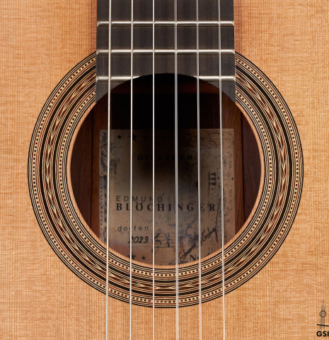 The rosette of a 2023 Edmund Blöchinger "Llobet" classical guitar made with cedar top and CSA rosewood back and sides.