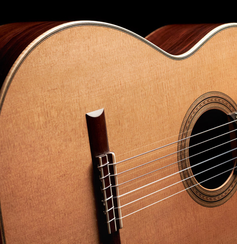 The soundboard of a 2023 Edmund Blöchinger "Llobet" classical guitar made with cedar top and CSA rosewood back and sides.
