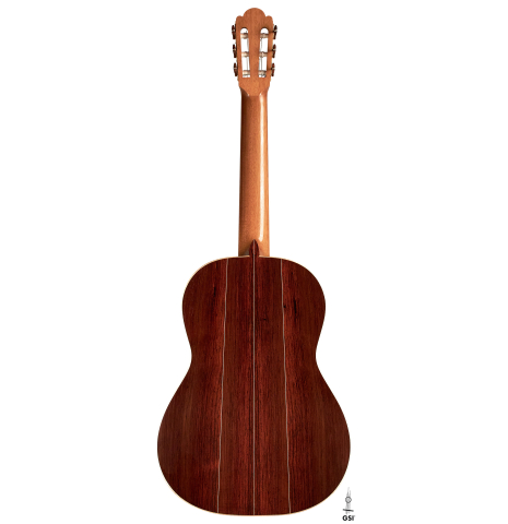 The back of a 2023 Edmund Blöchinger "Llobet" classical guitar made with cedar top and CSA rosewood back and sides on a white background.