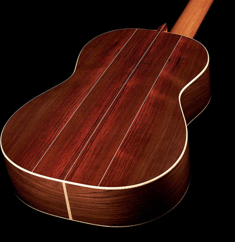 The back and sides of a 2023 Edmund Blöchinger "Llobet" classical guitar made with cedar top and CSA rosewood back and sides.