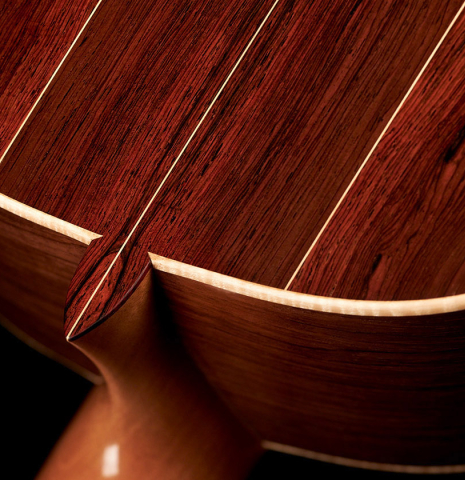 The back and heel of a 2023 Edmund Blöchinger "Llobet" classical guitar made with cedar top and CSA rosewood back and sides.