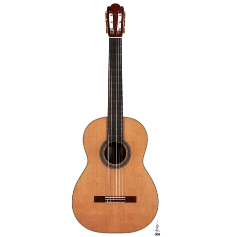 The front of a 2023 Edmund Blöchinger "Llobet" classical guitar made with cedar top and CSA rosewood back and sides on a white background.