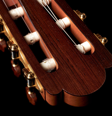 The headstock and tuning machines of a 2023 Edmund Blöchinger "Llobet" classical guitar made with cedar top and CSA rosewood back and sides.