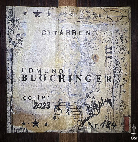 The label of a 2023 Edmund Blöchinger "Llobet" classical guitar made with cedar top and CSA rosewood back and sides.