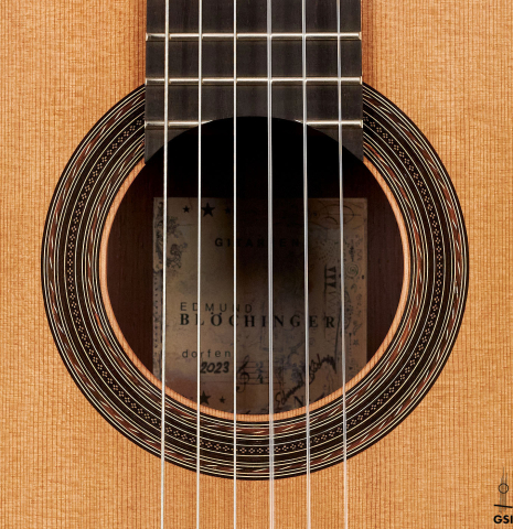 The rosette of a 2023 Edmund Blöchinger "Llobet" classical guitar made with cedar top and CSA rosewood back and sides.