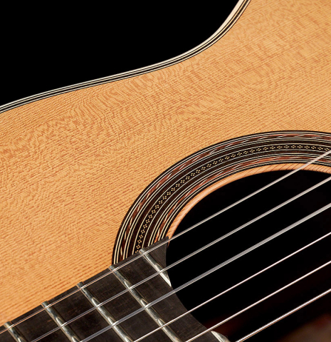 The soundboard and rosette of a 2023 Edmund Blöchinger "Llobet" classical guitar made with cedar top and CSA rosewood back and sides.