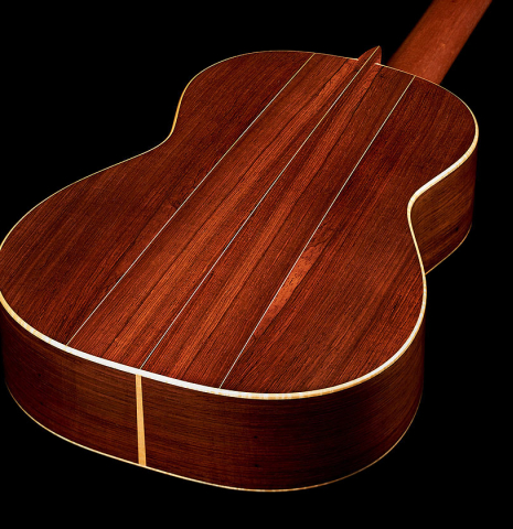 The back and sides of a 2008 Edmund Blochinger "Llobet" classical guitar made of cedar and CSA rosewood