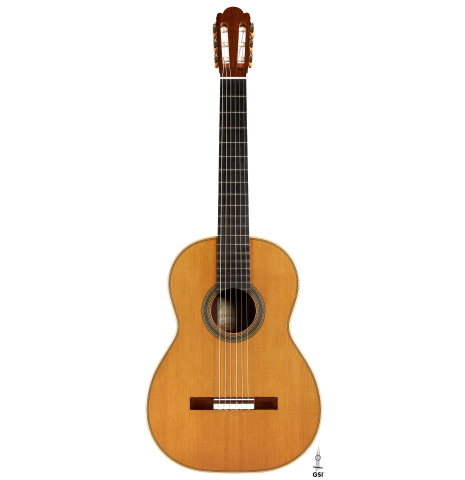 The front of a 2008 Edmund Blochinger "Llobet" classical guitar made of cedar and CSA rosewood