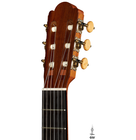 The headstock of a 2008 Edmund Blochinger "Llobet" classical guitar made of cedar and CSA rosewood