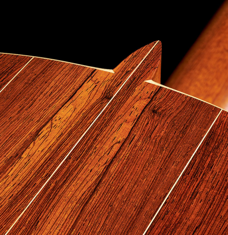 The heel, back binding and purflings of a 2008 Edmund Blochinger "Llobet" classical guitar made of cedar and CSA rosewood