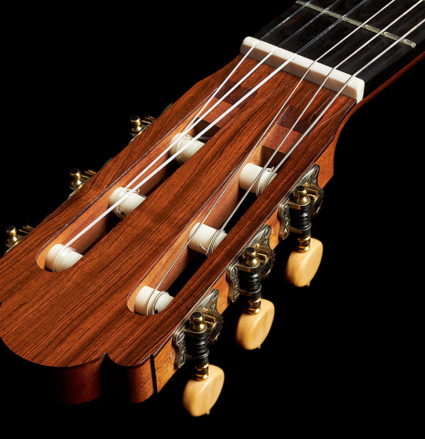 The headstock and tuning machines of a 2008 Edmund Blochinger "Llobet" classical guitar made of cedar and CSA rosewood