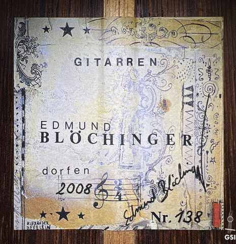 The label of a 2008 Edmund Blochinger "Llobet" classical guitar made of cedar and CSA rosewood