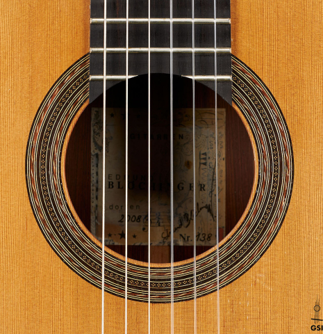 The rosette of a 2008 Edmund Blochinger "Llobet" classical guitar made of cedar and CSA rosewood