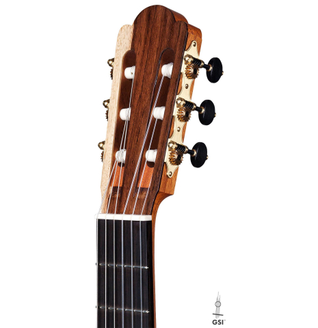 The headstock of a 2017 Florian Blöchinger classical guitar made of spruce and CSA rosewood