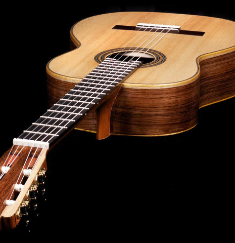View from the headstock of a 2017 Florian Blöchinger classical guitar made of spruce and CSA rosewood