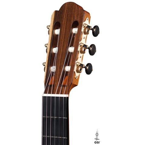 The headstock and machine heads of a 2019 Florian Blöchinger classical guitar made of cedar and CSA rosewood
