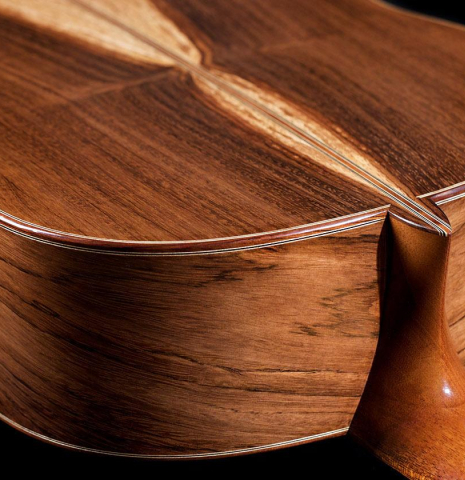 The back, sides, and heel of a 2019 Florian Blöchinger classical guitar made of cedar and CSA rosewood