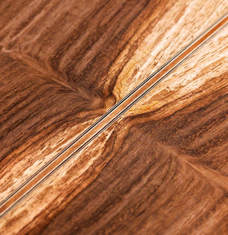 A close-up of the back of a 2019 Florian Blöchinger classical guitar made of cedar and CSA rosewood