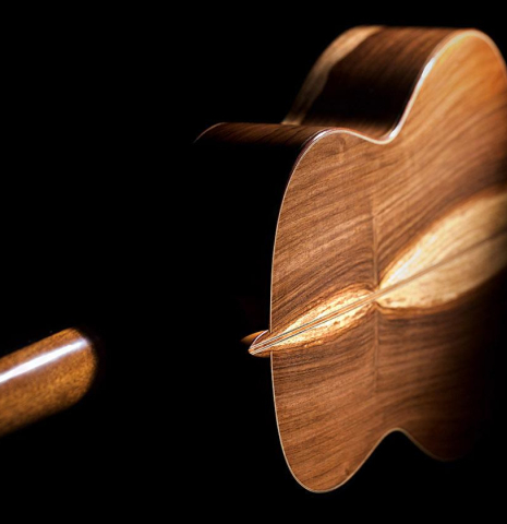 The back, sides, and heel of a 2019 Florian Blöchinger classical guitar made of cedar and CSA rosewood