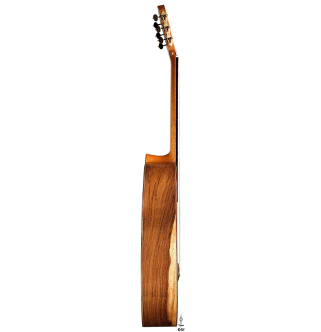 The side of a 2019 Florian Blöchinger classical guitar made of cedar and CSA rosewood