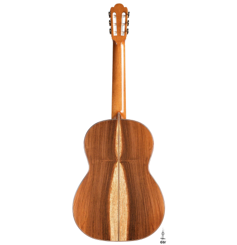 The back of a 2019 Florian Blöchinger classical guitar made of cedar and CSA rosewood