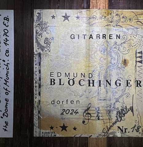 The label of a 2024 Edmund Blöchinger "Dome" classical guitar made of spruce and CSA rosewood