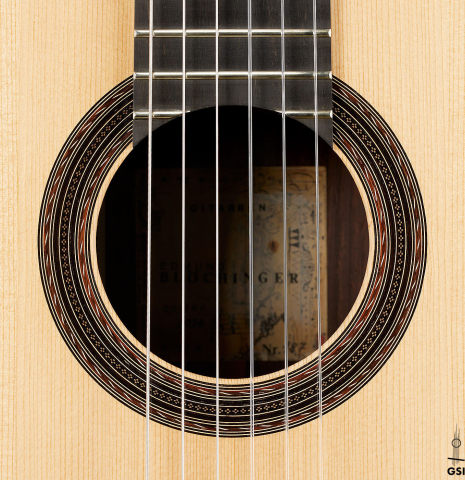 The rosette of a 2024 Edmund Blöchinger "Dome" classical guitar made of spruce and CSA rosewood