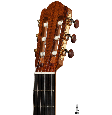 The headstock of a 2024 Edmund Blöchinger "Dome" classical guitar made of spruce and CSA rosewood