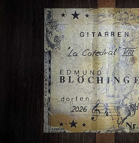 The label of a 2026 Edmund Blöchinger "Dome" classical guitar made of spruce and CSA rosewood