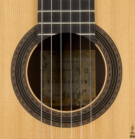 The rosette of a 2026 Edmund Blöchinger "Dome" classical guitar made of spruce and CSA rosewood