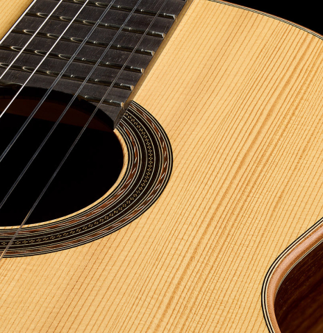 The soundboard and rosette of a 2026 Edmund Blöchinger "Dome" classical guitar made of spruce and CSA rosewood