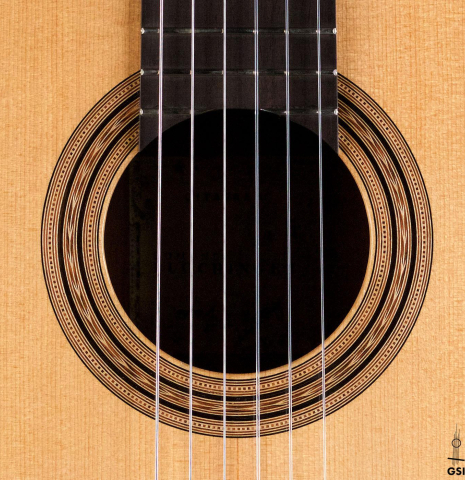 The rosette of a 1997 Edmund Blöchinger classical guitar made with spruce top and Indian rosewood back and sides.