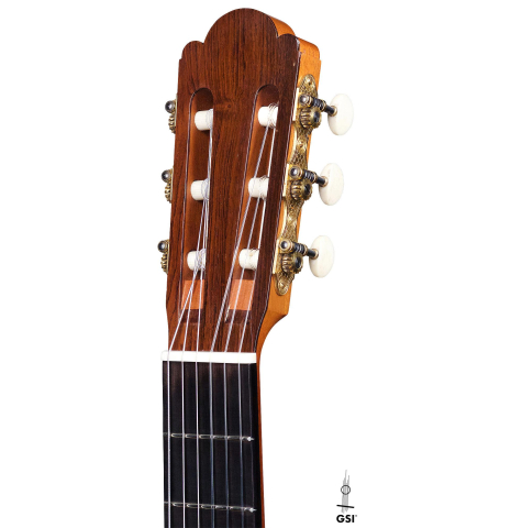 The headstock of a 1997 Edmund Blöchinger classical guitar made with spruce top and Indian rosewood back and sides.