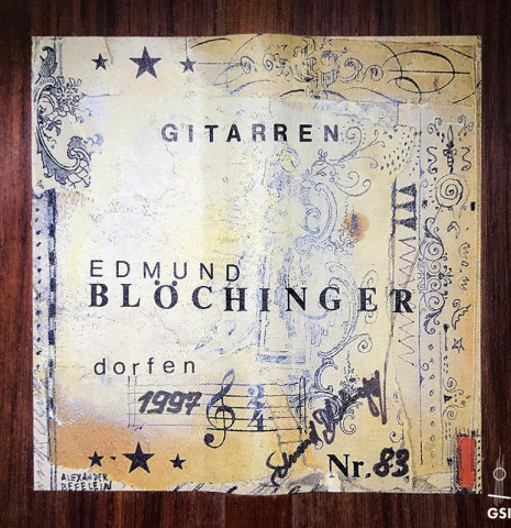 The label of a 1997 Edmund Blöchinger classical guitar made with spruce top and Indian rosewood back and sides.