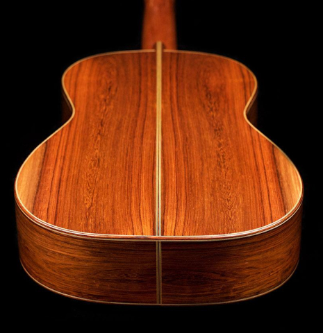 The back of a 1997 Edmund Blöchinger classical guitar made with spruce top and Indian rosewood back and sides.