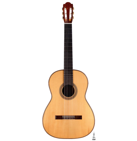 The front of a 1997 Edmund Blöchinger classical guitar made with spruce top and Indian rosewood back and sides.