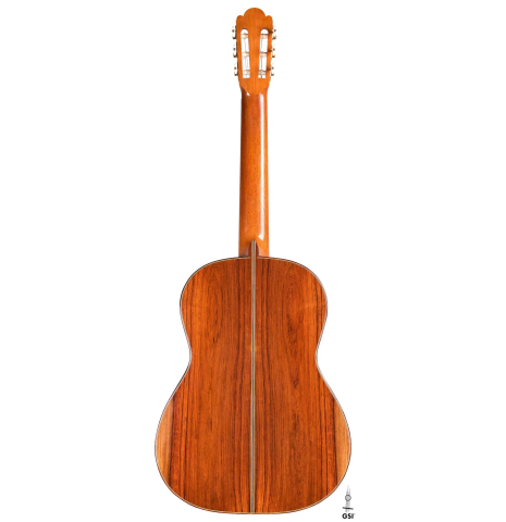 The back of a 1997 Edmund Blöchinger classical guitar made with spruce top and Indian rosewood back and sides.