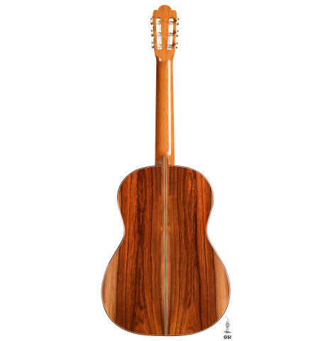 This is a back of a 2000 Edmund Blochinger classical guitar made with spruce and csa rosewood on a white background