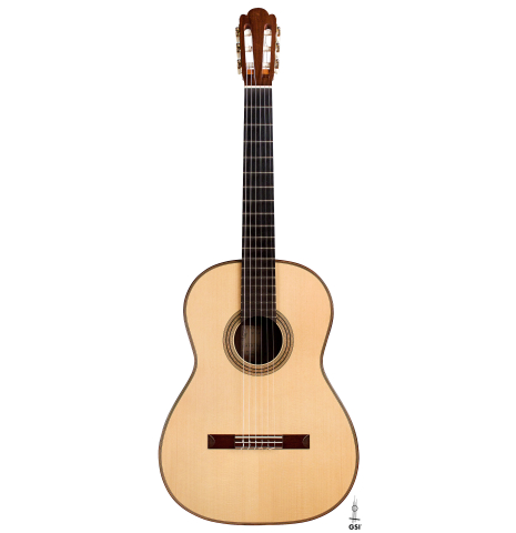 This is a front of a 2000 Edmund Blochinger classical guitar made with spruce and csa rosewood on a white background